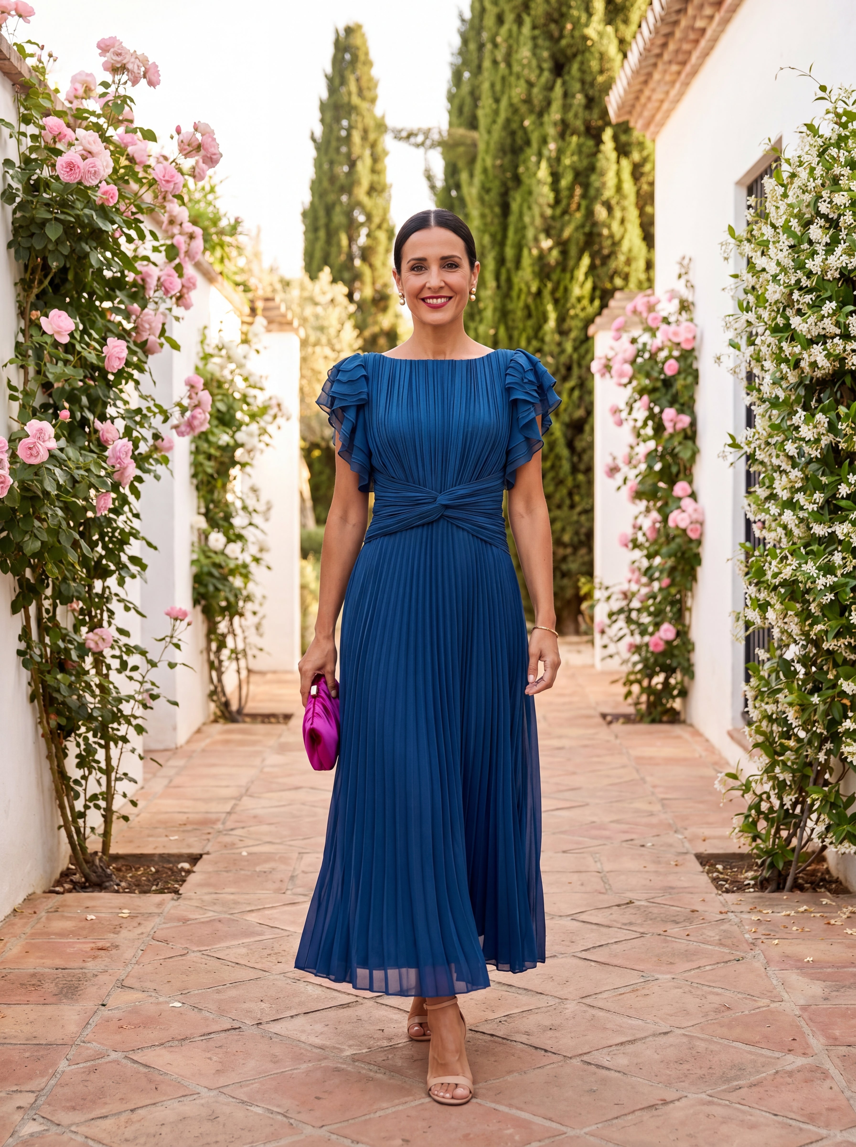 Seraphina | Elegantna Maxi Haljina sa Plisiranjem i Uvezanom Strukom