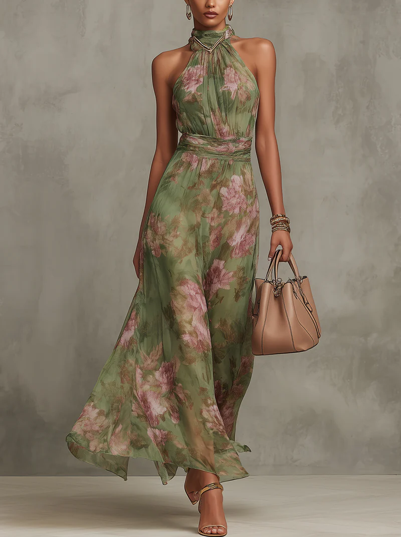Livia | Elegantna Maxi Halter Haljina sa Cvećem