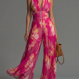 Serafina Jumpsuit | Fuchsia Floral Pleated Chiffon